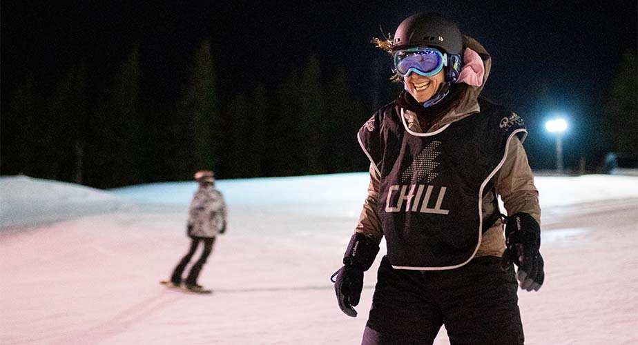 CHill Portland youth snowboarding with a smile