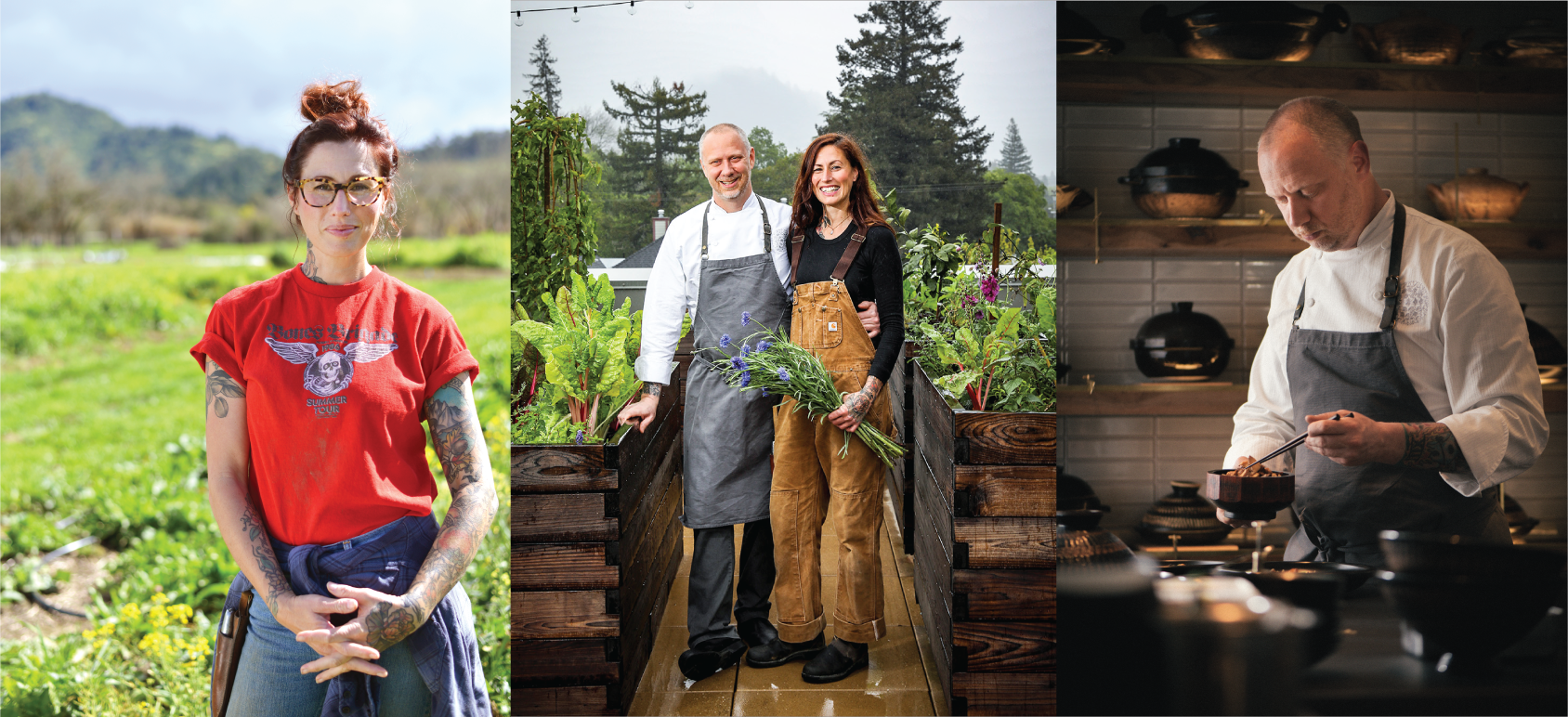 Three photos of the owners of SingleThread Farms.