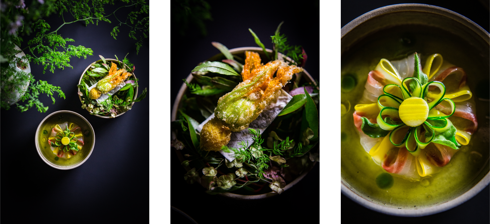 Three photos of food from the SingleThread Farms restaurant.