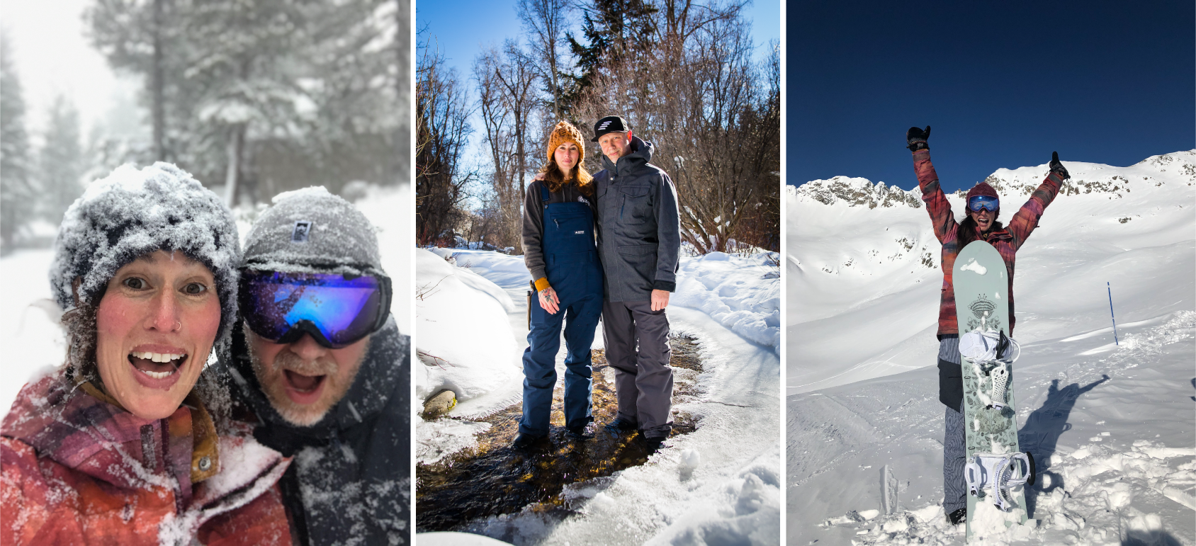 Three photos of SingleThread Farms owners, Kyle and Katia, snowboarding.