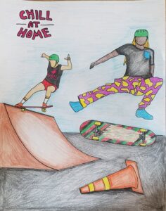 2 skateboarders drawn in a coloring book